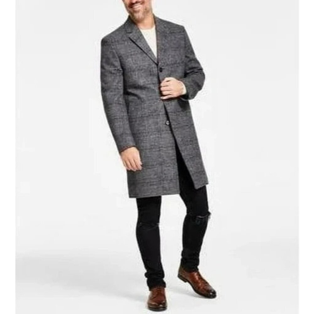 NEW Lands' End Men's M Wool Dark Gray Plaid Patterned Pea Coat